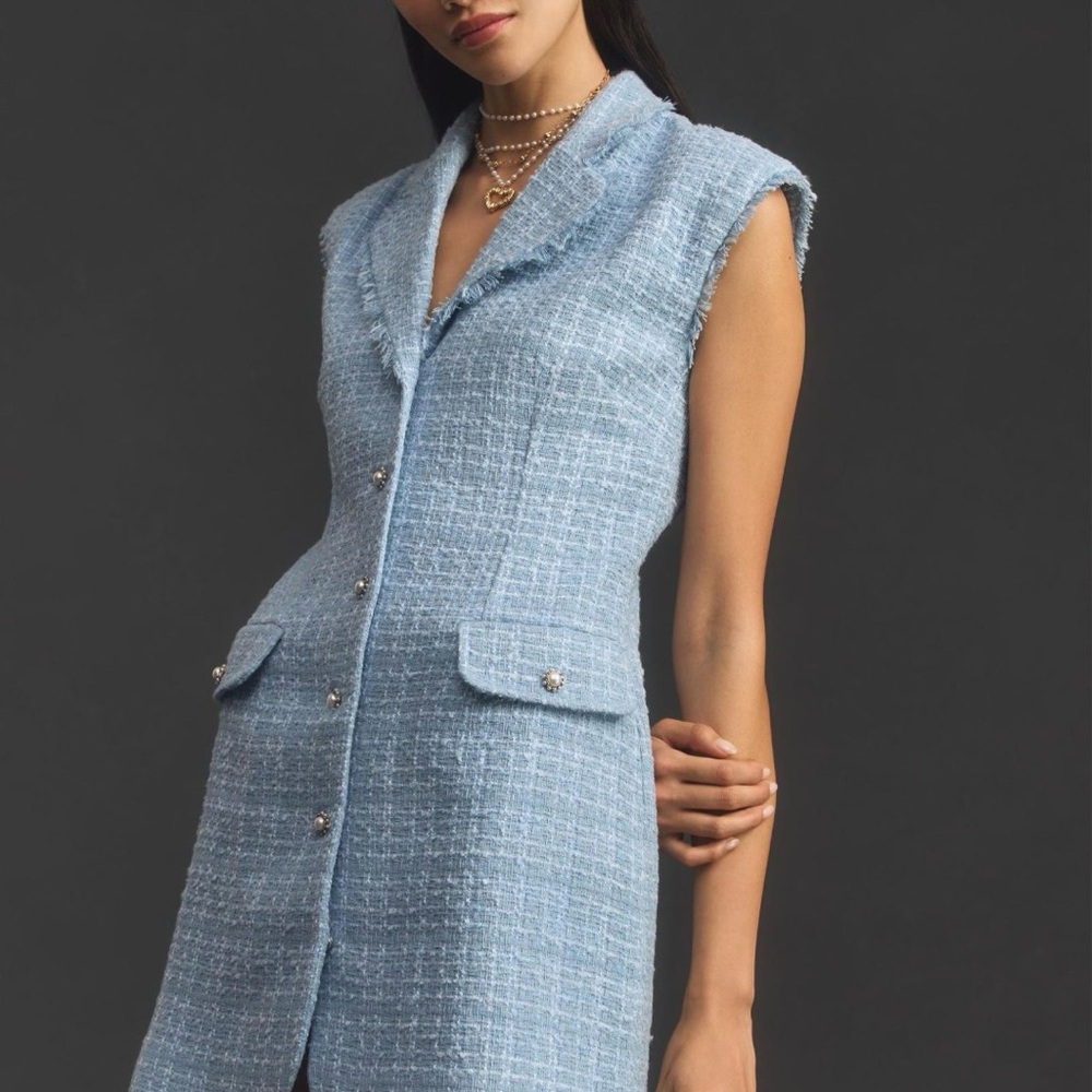 Chic Sleeveless Blue Tweed Dress